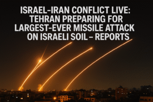 Missiles streaking across the night sky over a city during the Israel-Iran conflict with a bold headline about Tehran's largest-ever missile attack preparation.