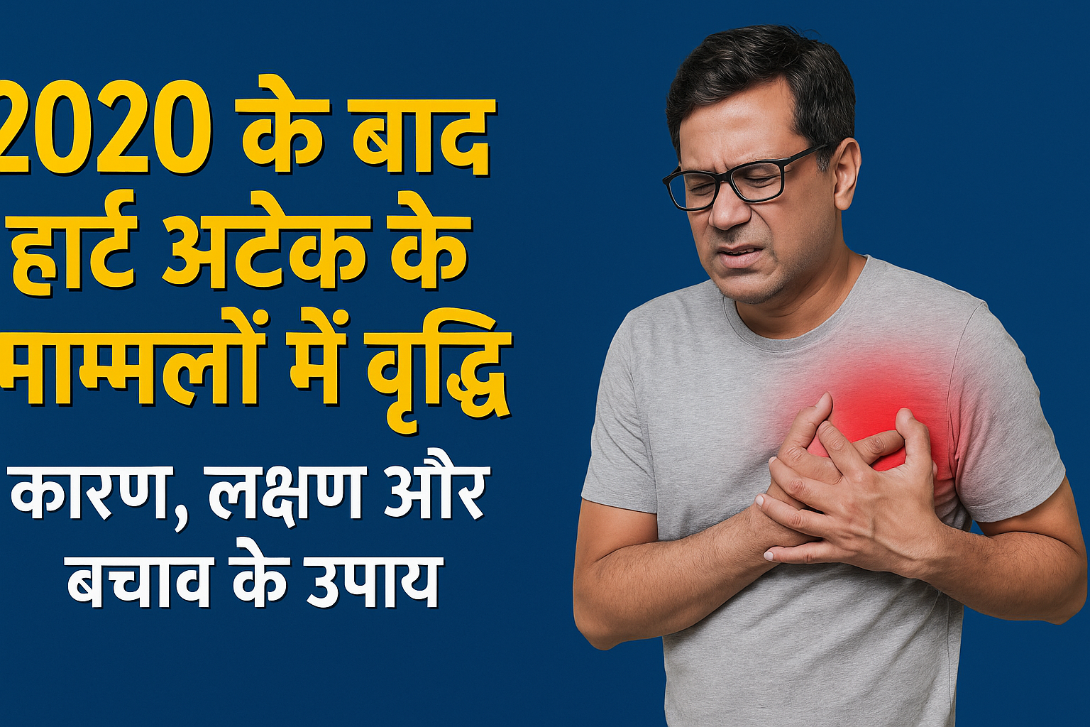Middle-aged man suffering chest pain with red spot, symbolizing heart attack; text in Hindi about rise in heart attack cases after 2020.