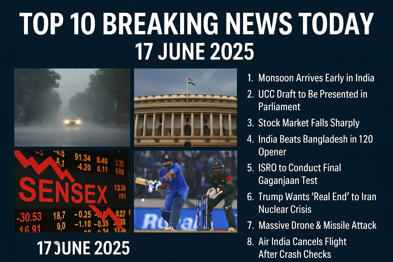 A digital collage showing the top 10 breaking news stories for 17 June 2025, featuring monsoon rains, Indian Parliament, Sensex crash, and a cricket match between India and Bangladesh. 
