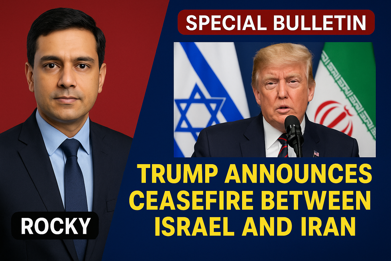 News thumbnail showing Donald Trump announcing a ceasefire between Israel and Iran with bold headline and flags in the background.