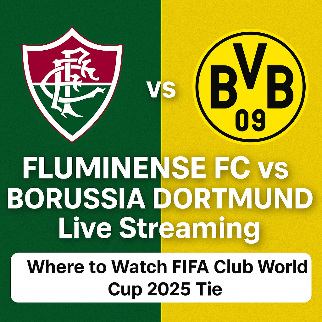 Marcelo from Fluminense and a Borussia Dortmund player face off in a Club World Cup 2025 promotional thumbnail showing live streaming info.