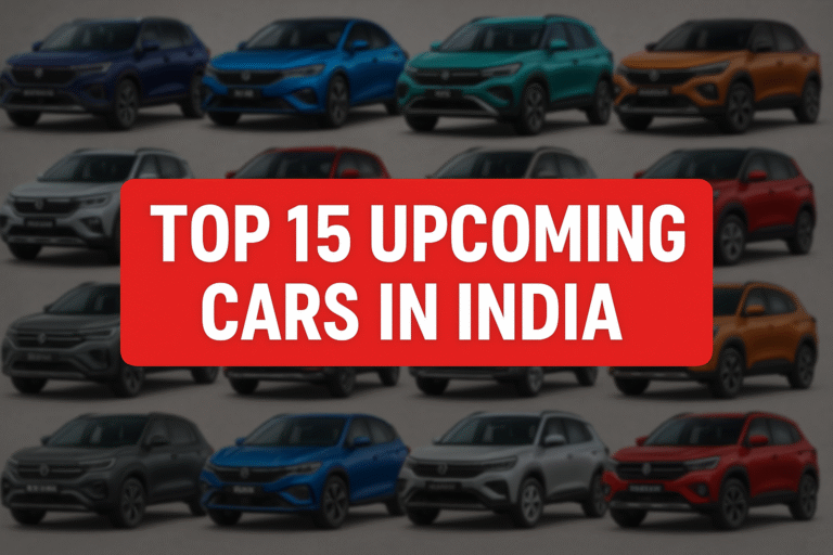 Banner showing Top 15 Upcoming Cars in India with blurred car models in the background