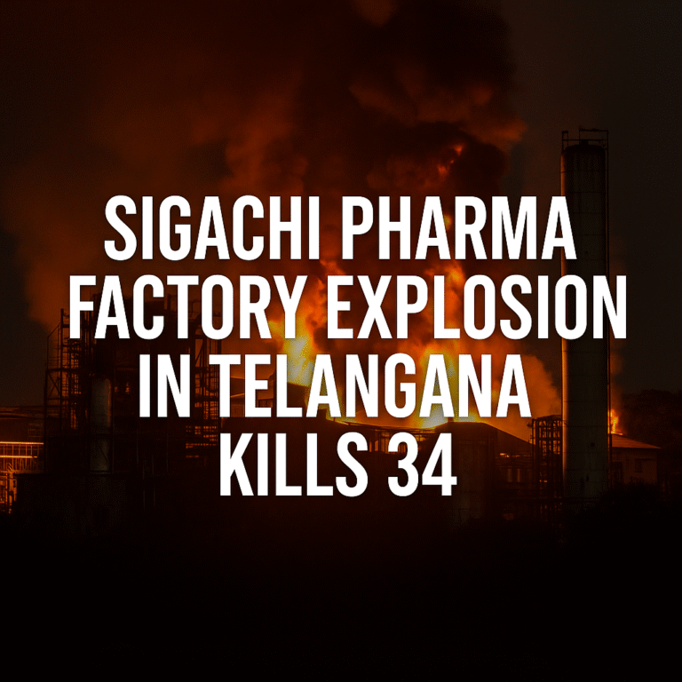 Burning Sigachi Pharma factory in Telangana with thick smoke and flames after a deadly explosion that killed 34 workers.