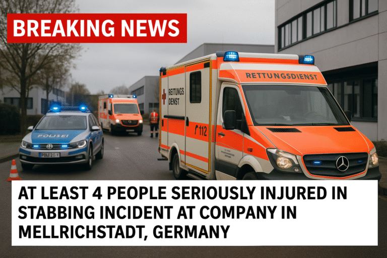 Ambulance and police vehicles outside the company office in Mellrichstadt, Germany
